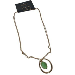 Massini 2 pc Set Necklace And Hoop Earrings Jewelry Green Stone Gold Tone NEW